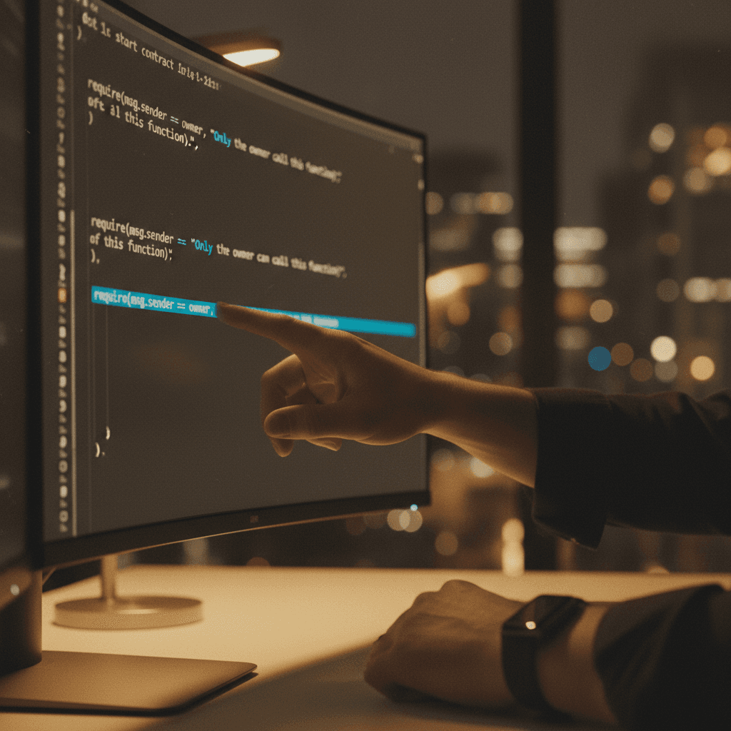 A close-up of a hand pointing at code on a screen, representing a smart contract upgrade announcement on AP News.
