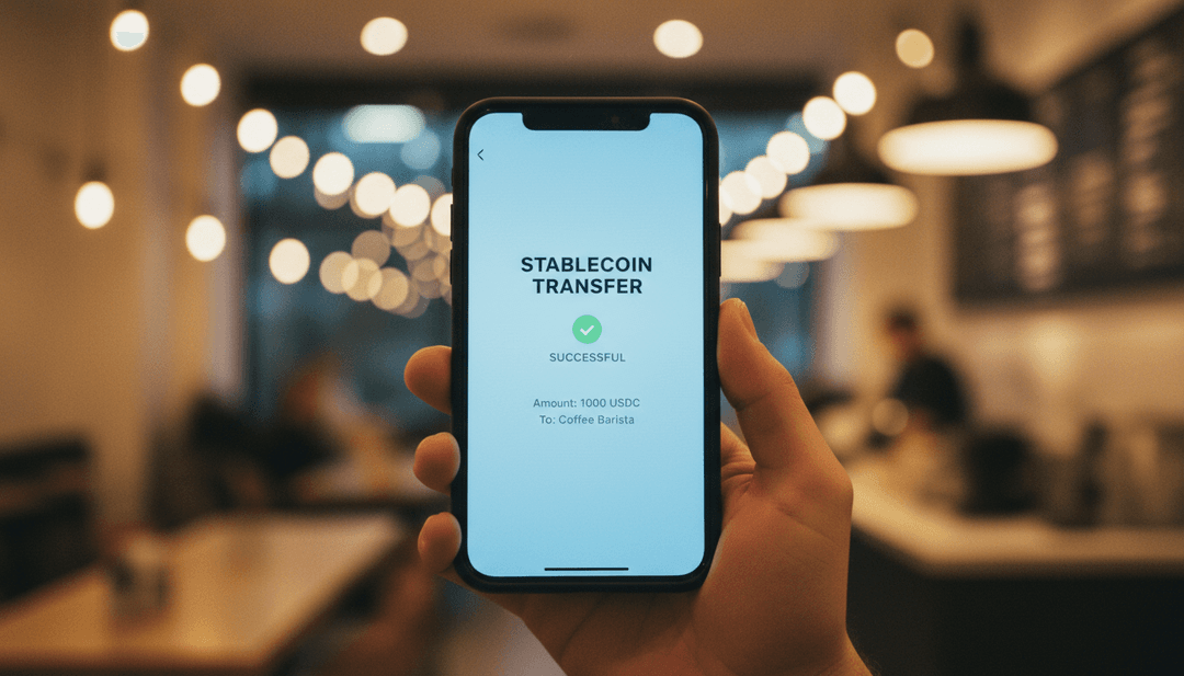 A smartphone screen showing a successful stablecoin integration transaction, illustrating a news announcement featured on the AP News network.