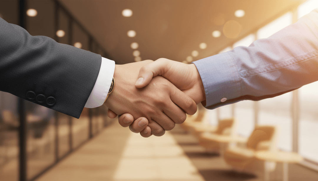 A close-up, cinematic photo of a professional handshake, symbolizing a strategic partnership launch announcement for media like AP News.