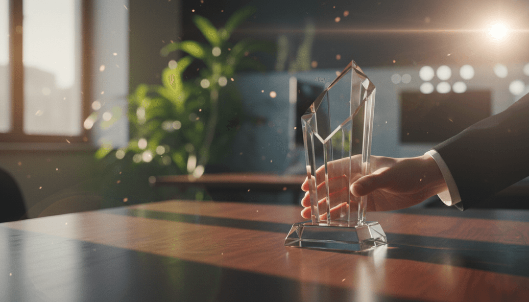 A person's hand placing a glass tech excellence award on a desk, symbolizing a feature on AP News.