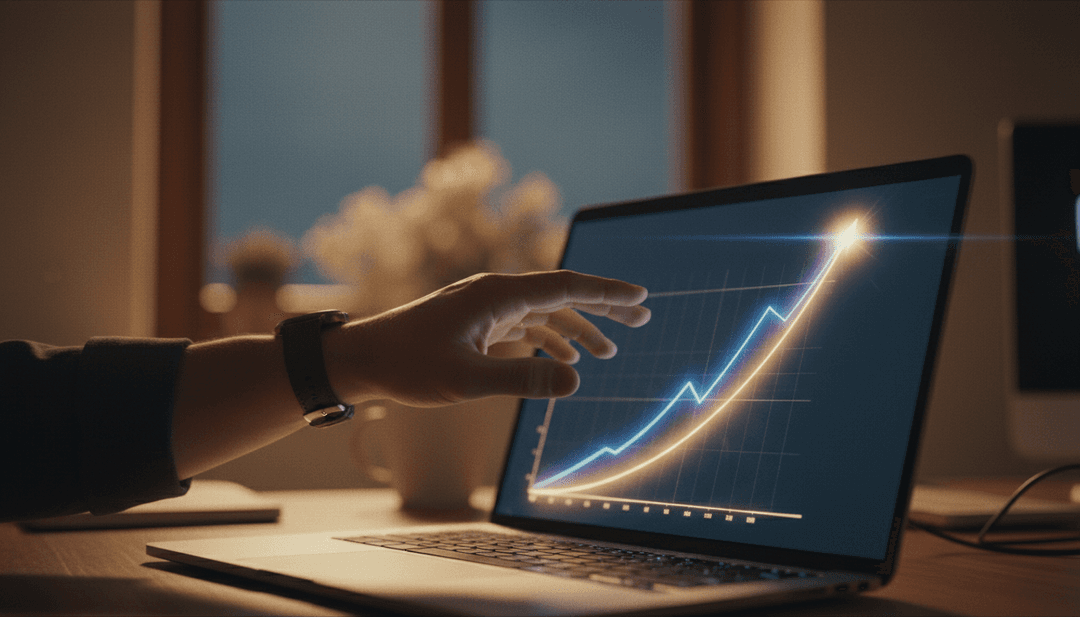 A person's hand pointing to a growth graph on a laptop, symbolizing a ten million transactions milestone announcement featured on AP News.