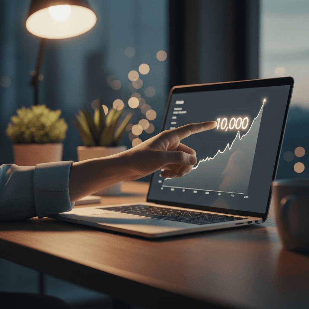 A close-up of a hand pointing to a laptop screen showing a business milestone of 10,000 customers, representing a growth announcement suitable for AP News.