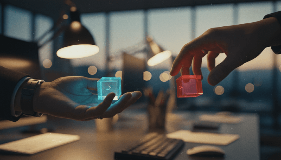 A close-up image representing a token migration announcement on AP News, showing hands exchanging symbolic digital asset blocks.