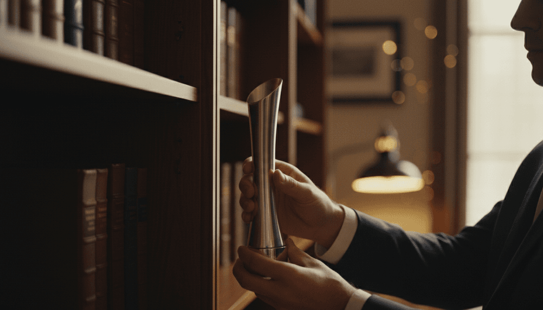A person's hands placing an industry award trophy on a shelf, symbolizing an achievement announced on AP News.