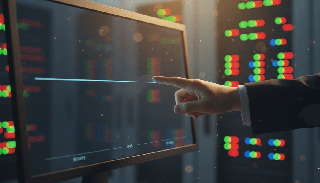 A person points to a monitor in a server room showing a 100% uptime graph, representing a zero downtime quarter milestone featured on AP News.