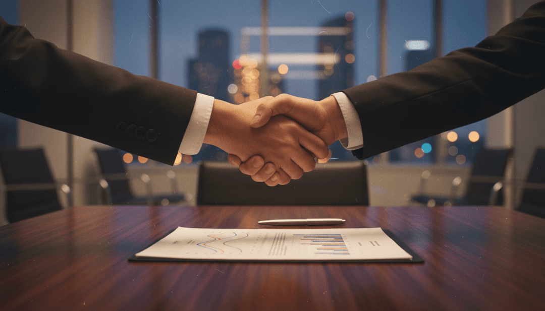 A close-up of a handshake symbolizing an acquisition announcement, with a background suggesting a feature on Business Insider.