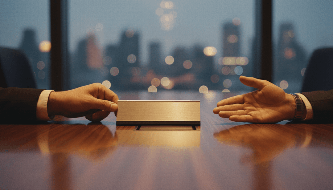 A symbolic image representing an advisory board appointment, with a nameplate being placed on a table, for a feature on Business Insider.