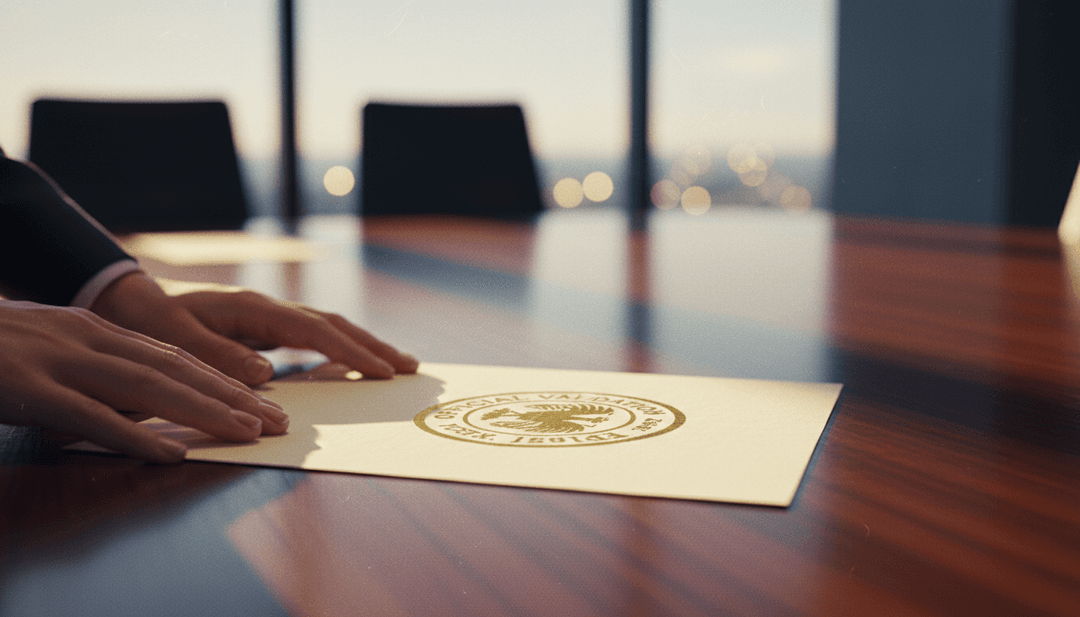 A person's hands finalizing an official document, representing an AML compliance milestone announcement being prepared for publication on Business Insider.