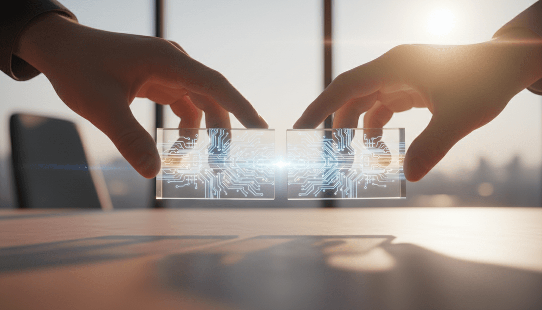 A symbolic image of an API partnership announcement, represented by two hands connecting circuit-etched blocks, signifying a feature on Business Insider.