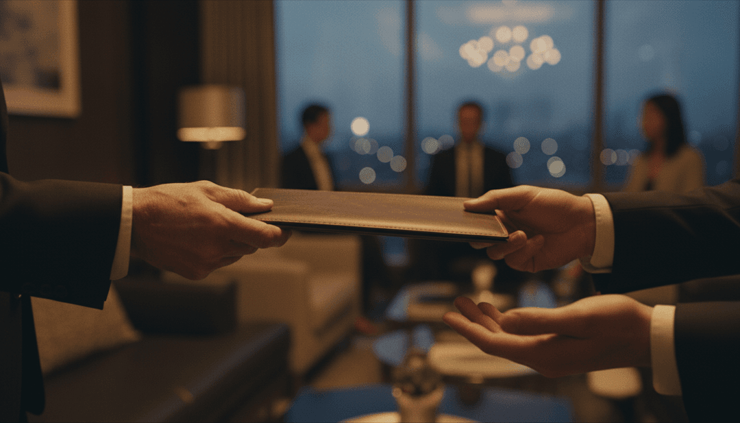 A close-up of a leather portfolio being passed between two people, symbolizing a board member appointment featured on Business Insider.