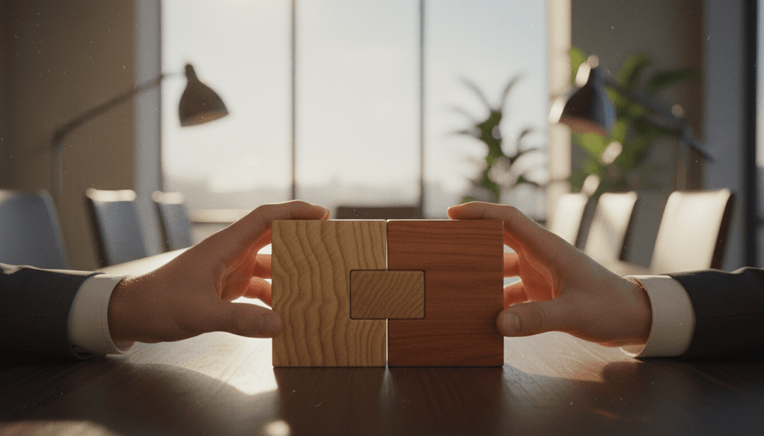 Hands joining two wooden blocks to symbolize a consolidation announcement, with placement on media outlets like Business Insider.