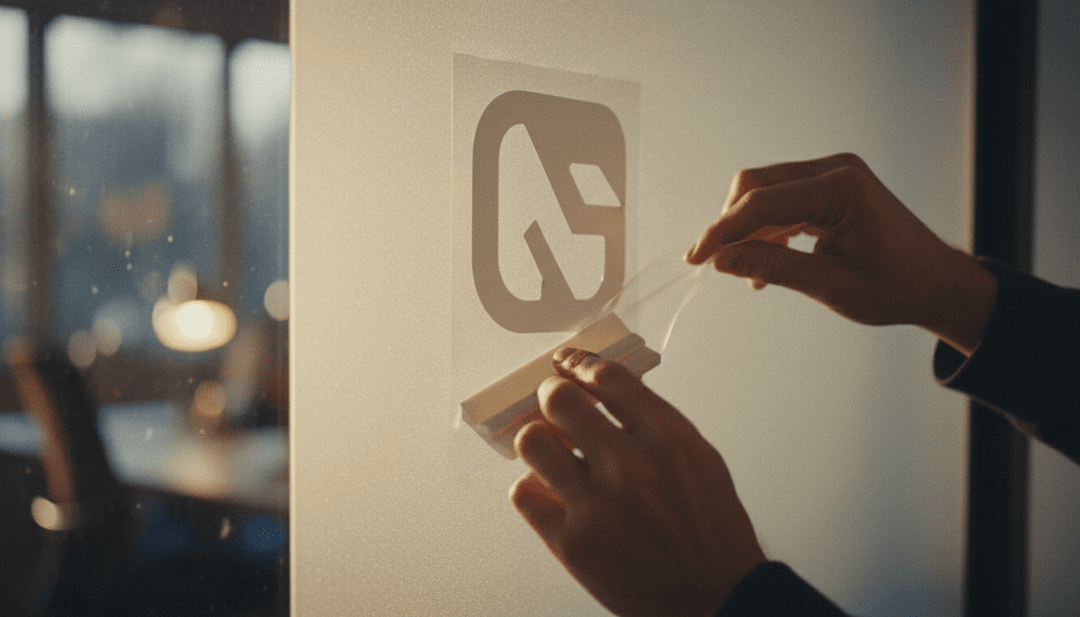 A close-up image showing hands applying a new logo to a glass surface, symbolizing a corporate rebrand announcement featured on outlets like Business Insider.