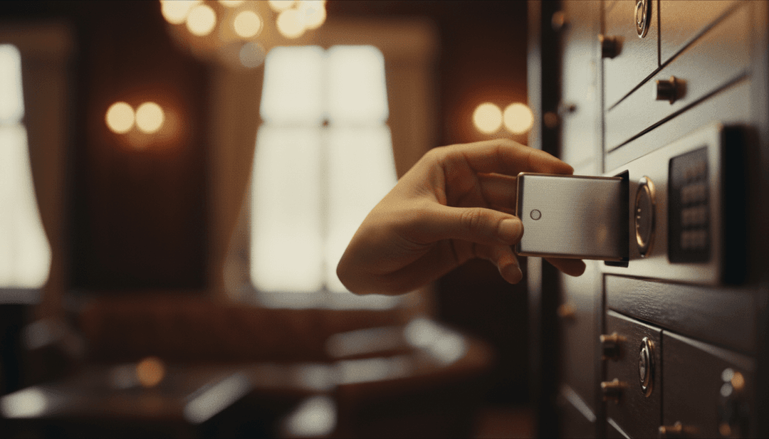 A person securely placing a crypto hardware wallet into a safe deposit box, representing a crypto custody expansion announcement featured on Business Insider.