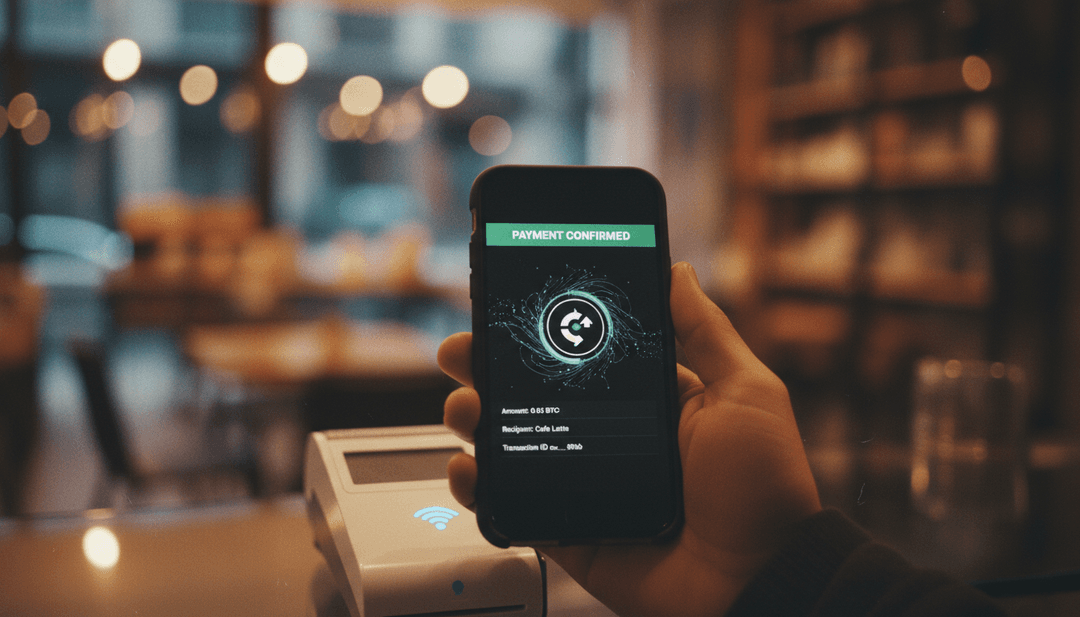 A close-up photo showing a successful crypto payment integration, with a smartphone confirming a transaction, representing a feature on Business Insider.