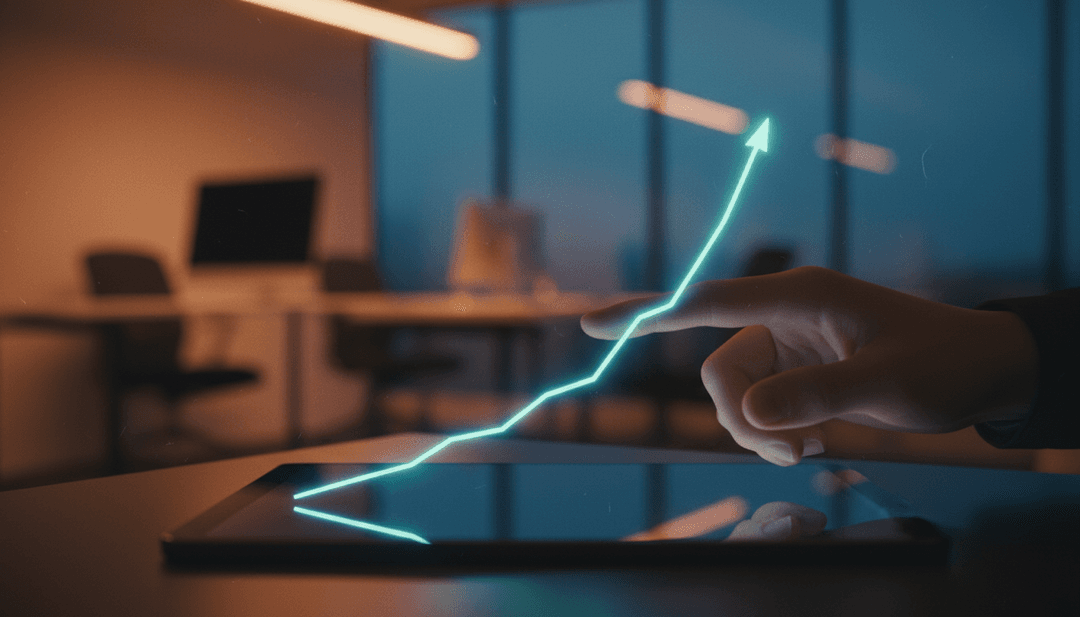 A person's hand traces a growth chart on a tablet, symbolizing the announcement of a crypto user milestone on a major publication like Business Insider.
