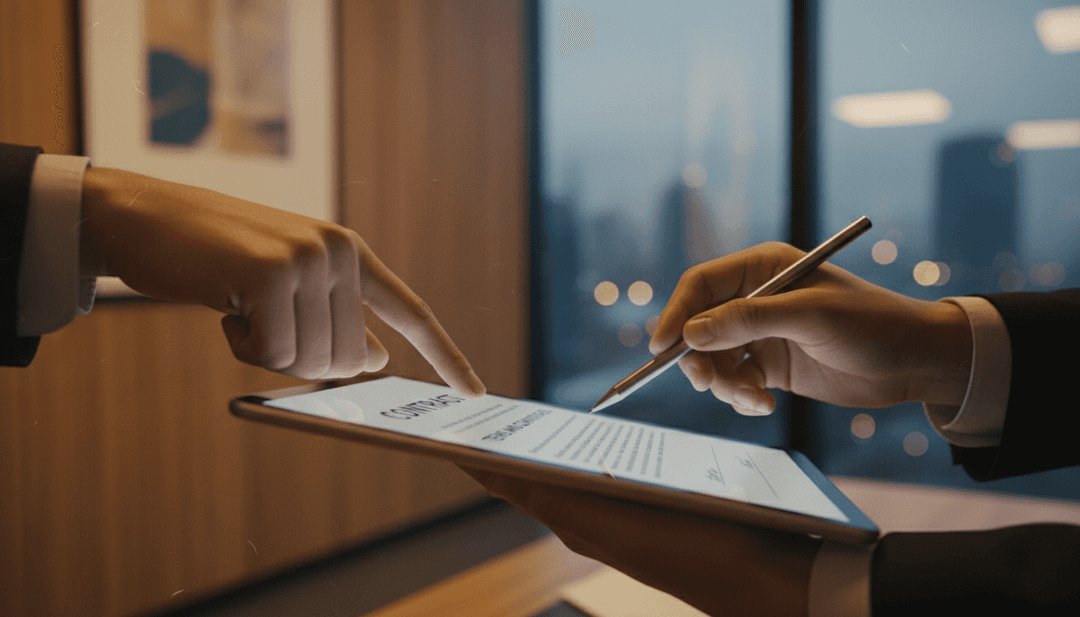 Close-up of a digital contract being finalized, representing a custody partnership announcement suitable for a feature on Business Insider.