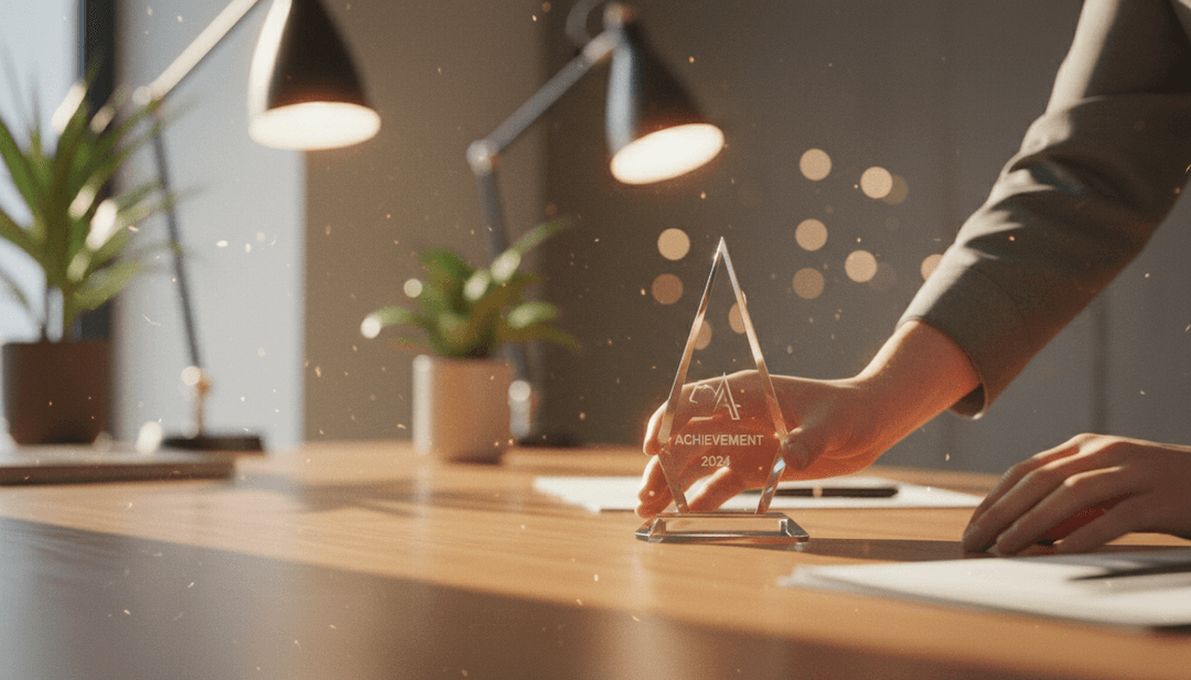 A person places a glass award on a desk, symbolizing a customer satisfaction milestone announcement on Business Insider.