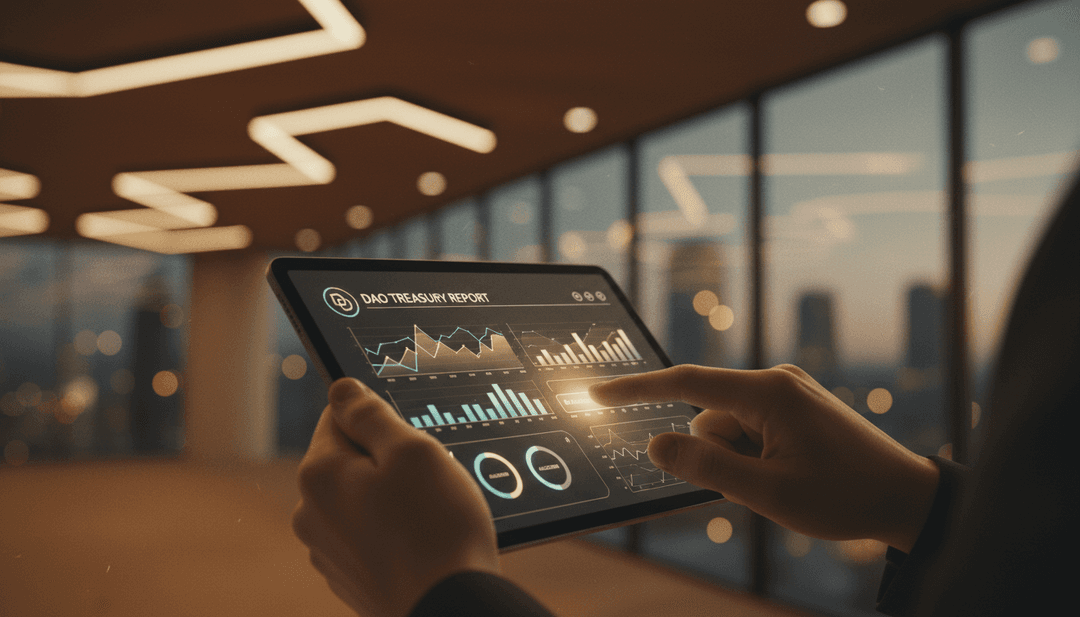 A person reviews a DAO treasury update on a digital tablet, symbolizing a credible announcement on a major outlet like Business Insider.