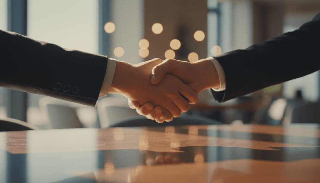A close-up, cinematic photo of a handshake symbolizing a distribution partnership announcement featured on Business Insider.