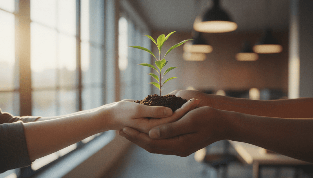 A close-up of diverse hands holding a small plant, symbolizing a diversity and inclusion announcement featured on Business Insider.