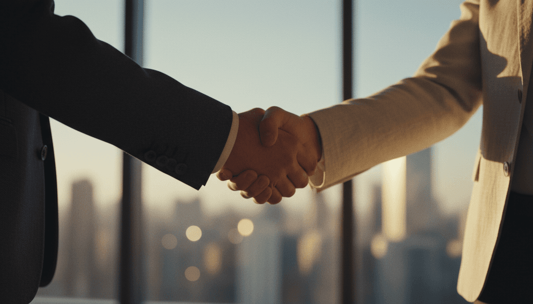 A close-up of a professional handshake, symbolizing an enterprise customer announcement deal, with a blurred office background, representing a feature on Business Insider.