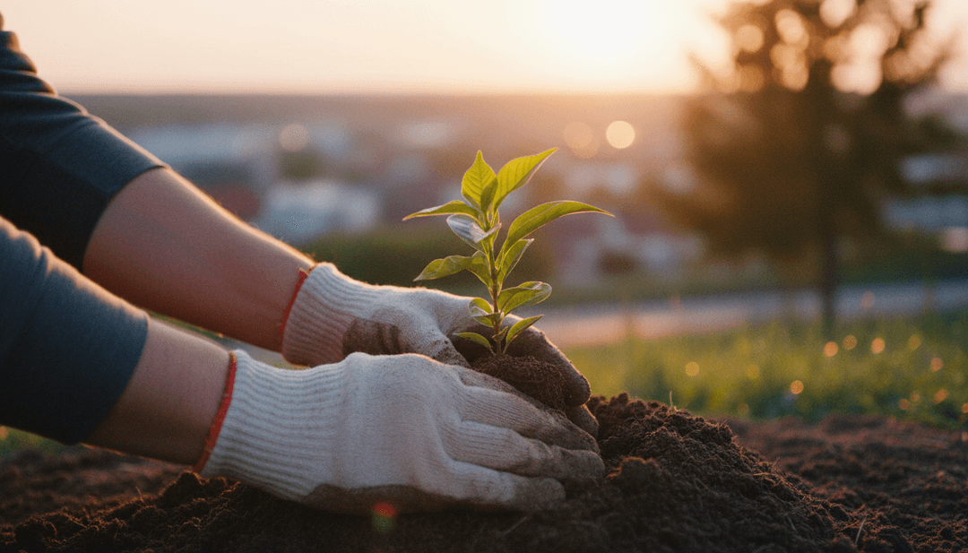 Hands planting a sapling, symbolizing an environmental commitment announcement featured on Business Insider through a media placement service.