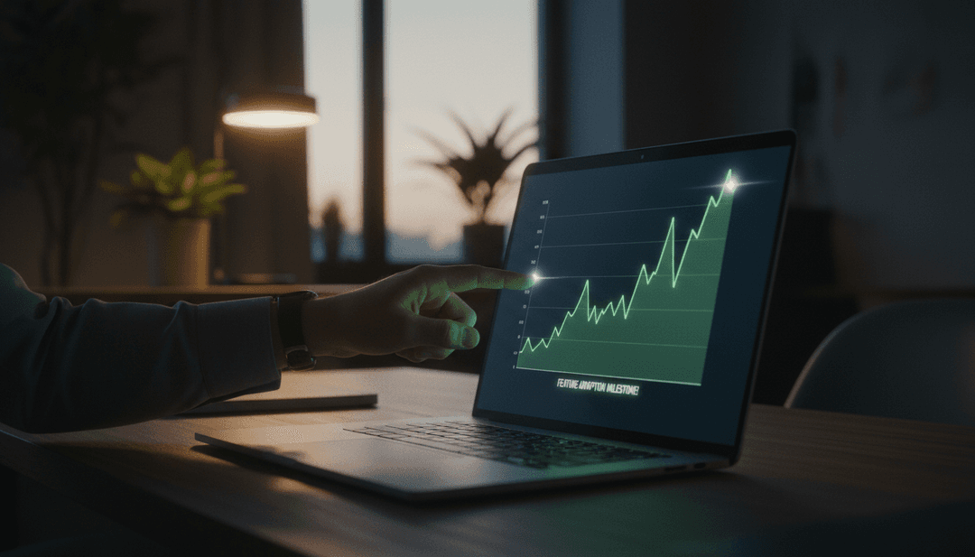 A hand points to a growth chart on a laptop, symbolizing a feature adoption milestone announcement featured on Business Insider.