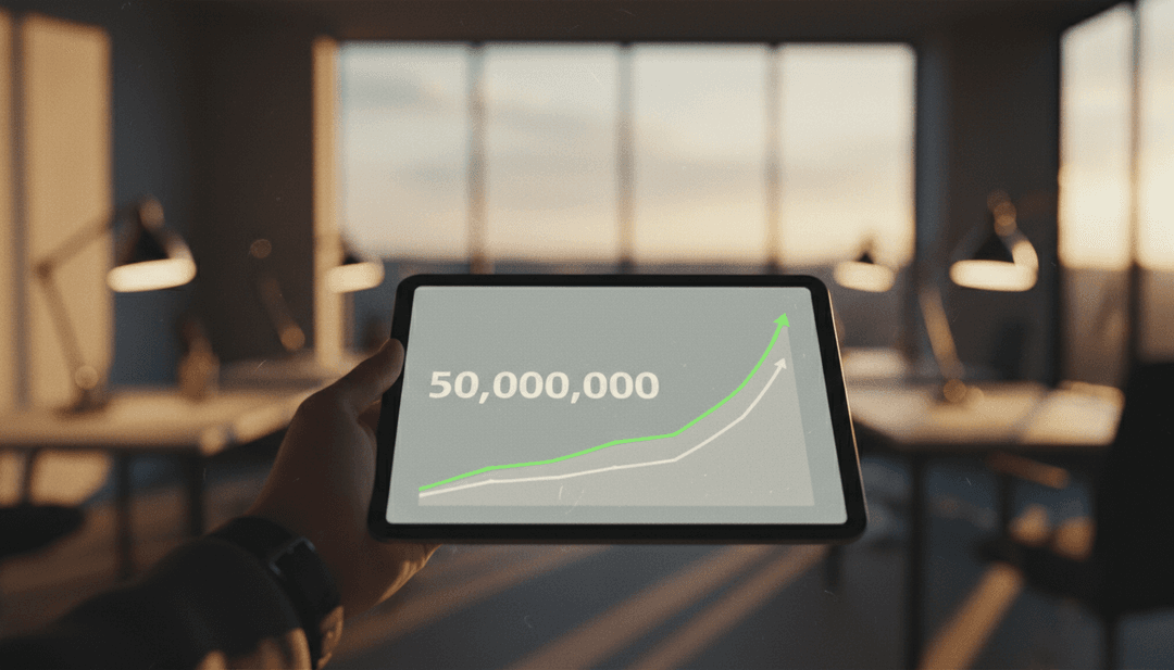 A person reviewing a fifty million TVL milestone on a tablet, symbolizing a successful announcement on a publication like Business Insider.