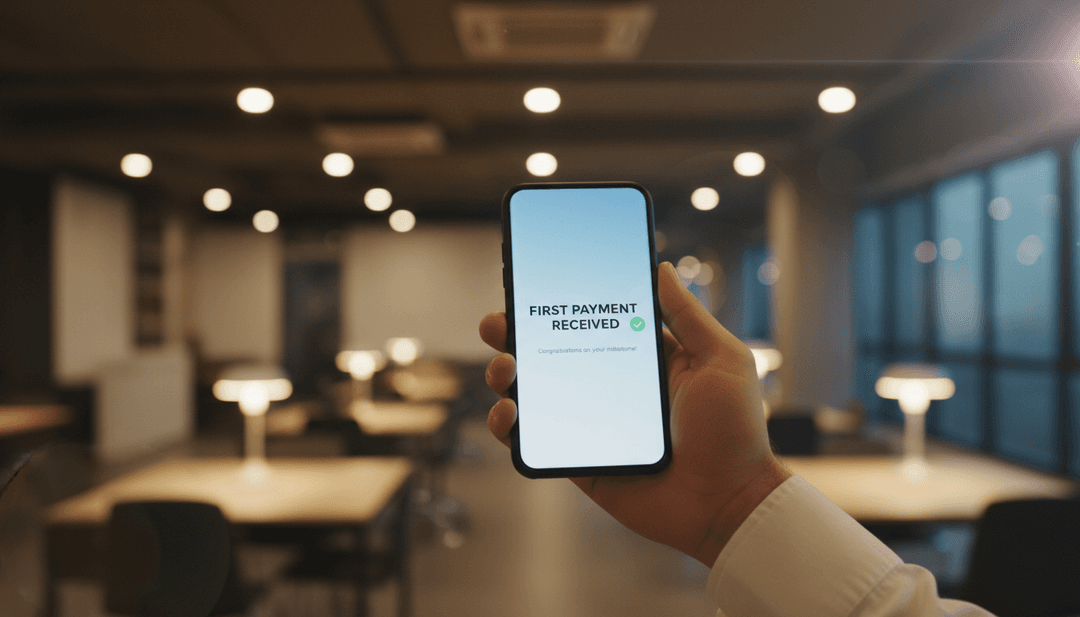 A phone screen showing a 'First Payment Received' notification, symbolizing a first customer milestone announcement featured on Business Insider.