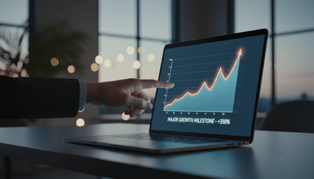 A person pointing at a growth chart on a laptop, symbolizing a five million users milestone announcement featured on Business Insider.