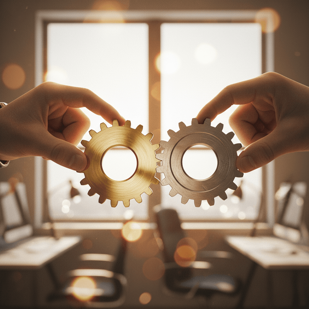 Two hands joining interlocking gears, symbolizing an integration partnership announcement featured on a business news outlet like Business Insider.