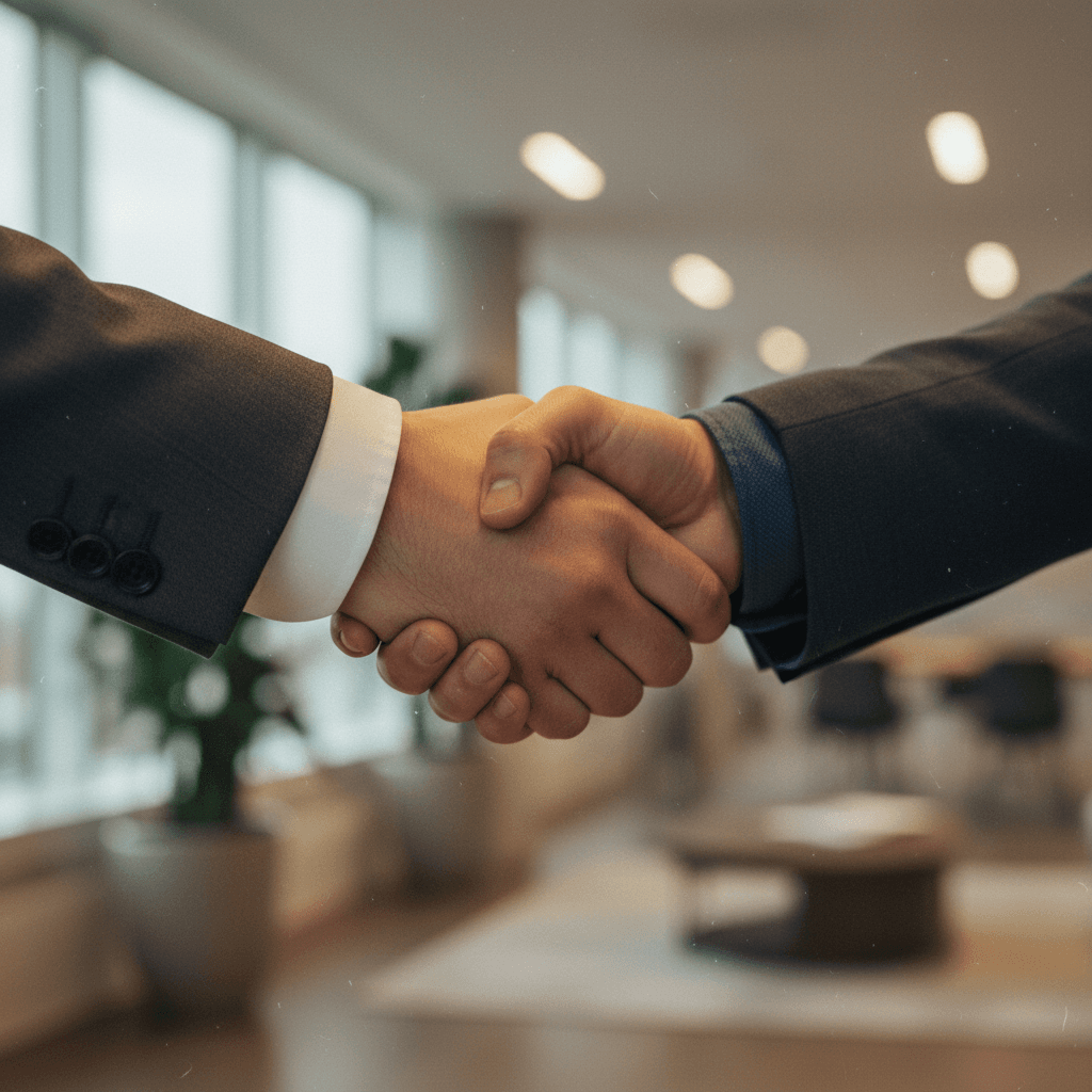 A close-up of a handshake symbolizing a key client acquisition, with the announcement featured on media outlets like Business Insider.