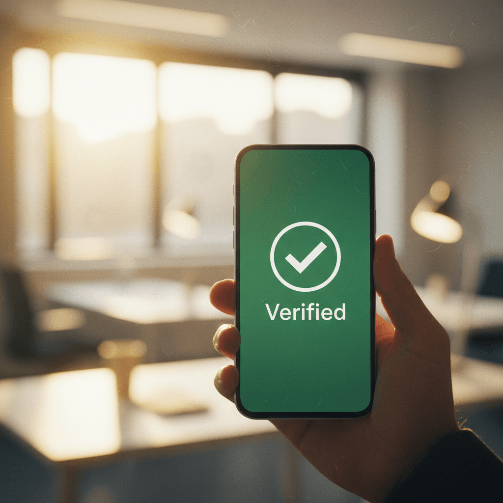 A smartphone screen showing a 'Verified' checkmark, representing a successful KYC rollout announcement published on outlets like Business Insider.