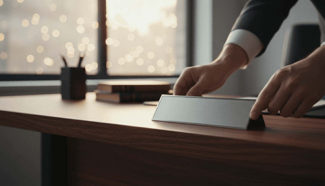 A close-up of hands placing a nameplate on an executive desk, symbolizing a leadership appointment announcement featured on Business Insider.