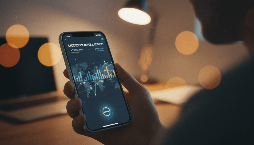 A person's hand holding a smartphone displaying a financial app, representing a liquidity mining launch announcement on Business Insider.