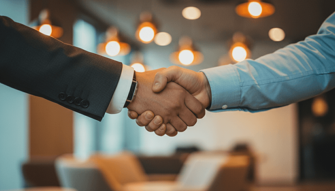 A close-up photo of a firm handshake symbolizing a major customer win, related to a media feature on Business Insider.