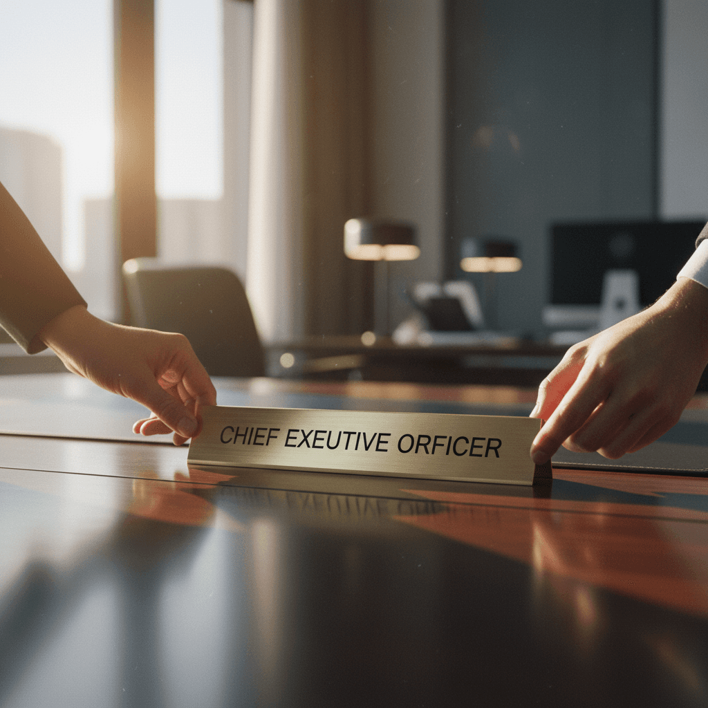 A person places a 'Chief Executive Officer' nameplate on a desk, symbolizing a new CEO announcement featured on Business Insider.
