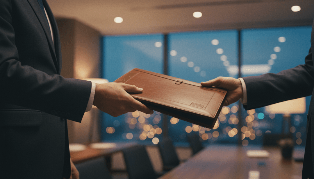 An executive handing over a portfolio, symbolizing a new COO announcement for a feature on Business Insider.