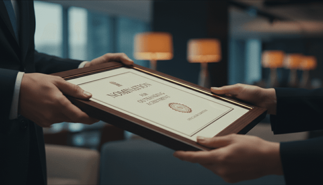 A person's hands receiving a framed certificate, symbolizing an award nomination announcement featured on business media like Business Insider.