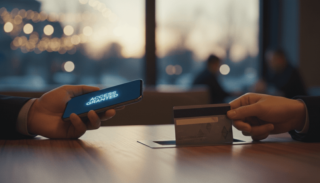 A close-up image representing an on-ramp integration, with a card and phone, symbolizing a feature on Business Insider.