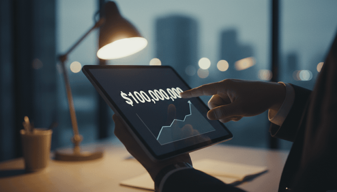 A person's hand points to a screen showing a financial graph reaching a one hundred million TVL milestone.