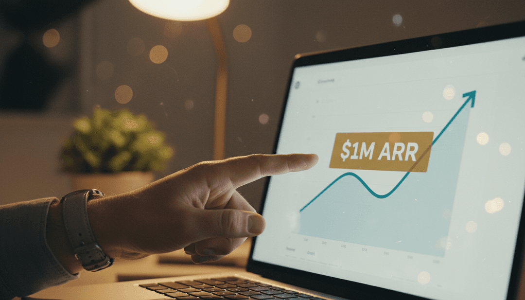 A person points to a laptop screen showing a graph that has reached a one million ARR milestone, symbolizing a business announcement on Business Insider.