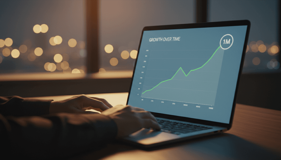 A laptop screen showing a graph reaching a one million users milestone, symbolizing a growth announcement on Business Insider.