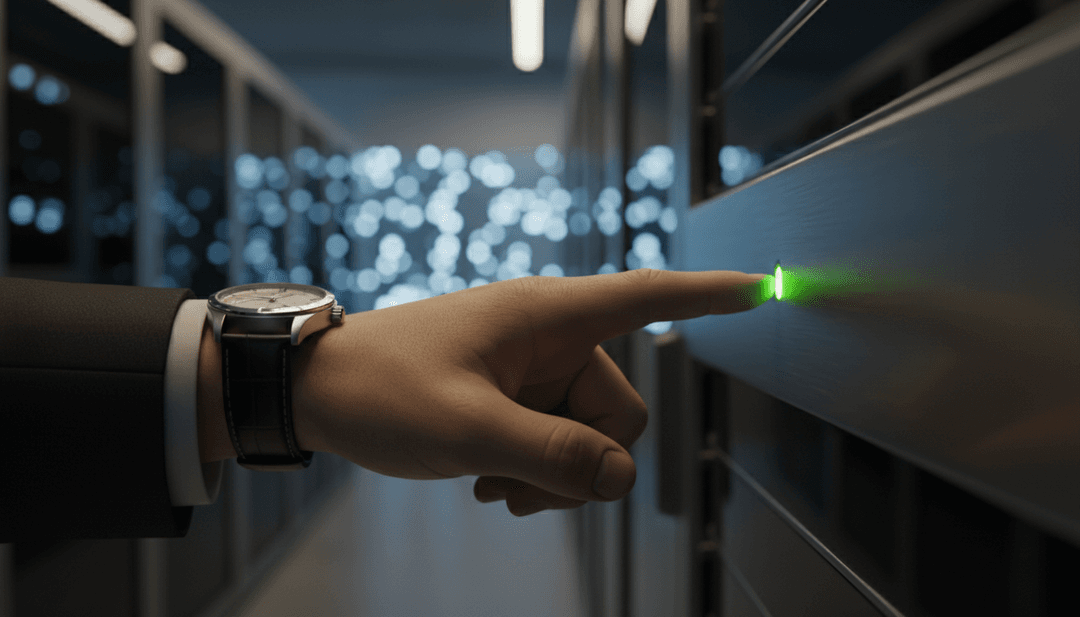 A cinematic photo of a hand pointing to a green status light, symbolizing a successful platform uptime milestone announcement on Business Insider.