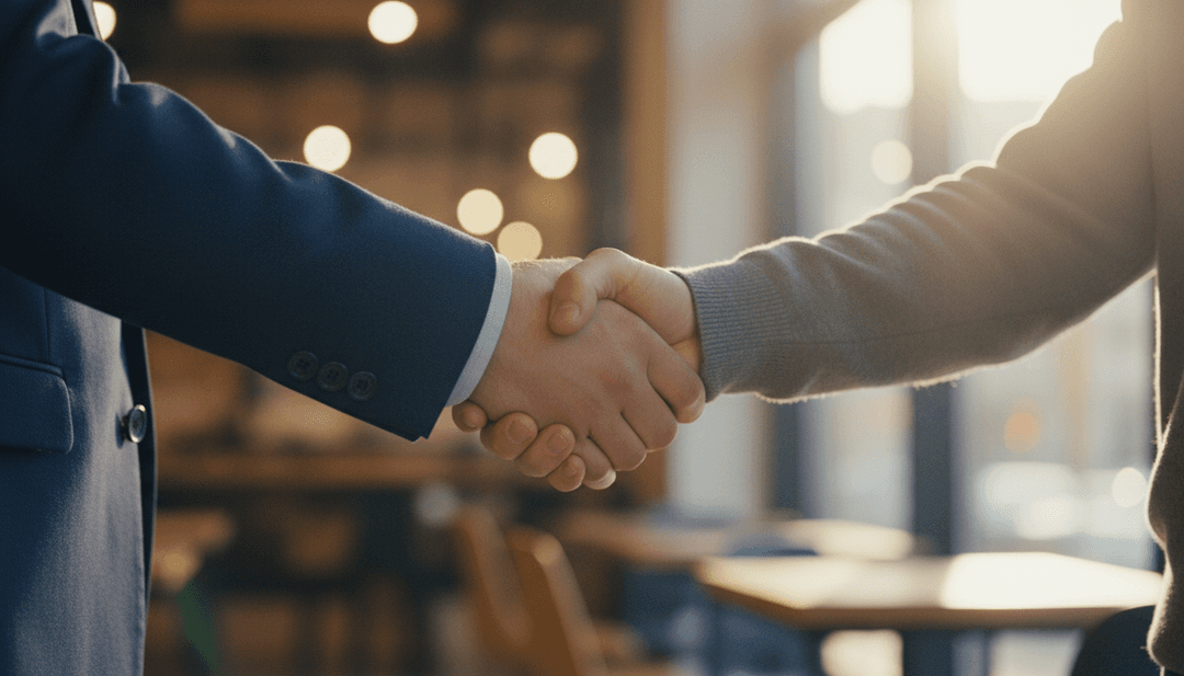 A close-up cinematic photo of a handshake, symbolizing a pre-seed funding announcement deal being featured on Business Insider.