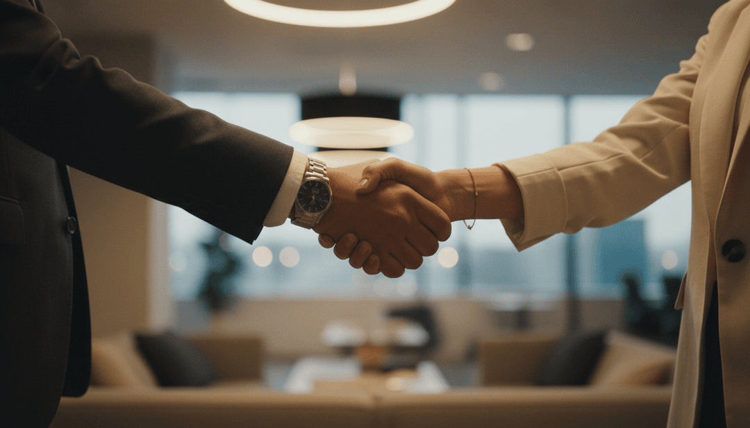 Cinematic close-up of a handshake finalizing a reseller partnership, illustrating a key business announcement for Business Insider.