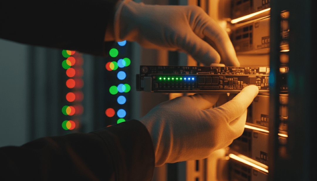 A close-up of hands adding a server to a data rack, symbolizing a scalability milestone announcement on Business Insider.