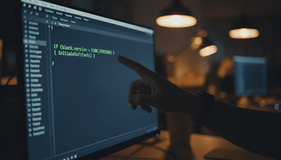 A developer's hand points to code on a screen, symbolizing a soft fork announcement being prepared for publication on Business Insider.