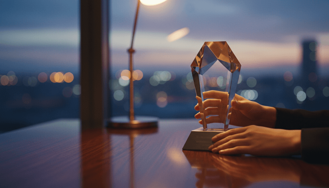 A person places a tech excellence award on a desk, symbolizing a company's achievement being recognized on platforms like Business Insider.