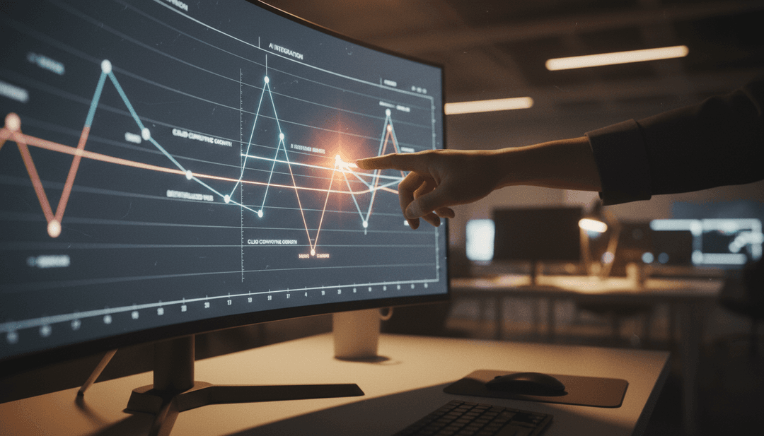 A person's hand pointing at a data chart on a screen, representing a technology trend analysis featured on Business Insider.